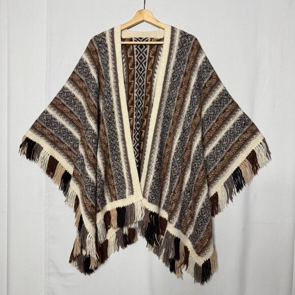 Fotrama 100% Alpaca Wool Brown Black Ivory Fringe Hem Knee Length Poncho Onesize - Picture 6 of 14